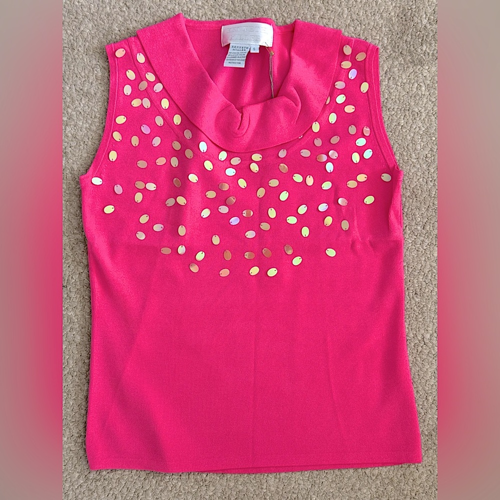 🤩 NWT New Kenneth Miller Y2K Hot Pink Tank Top Sequin Accents Small S